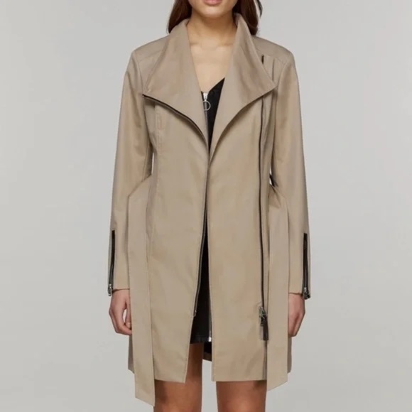Mackage Estela Belted Trench Coat W/ Contrast Zippers In Sand - Picture 2 of 15